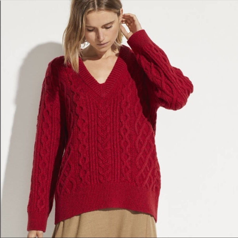 Vince V-Neck Red Cable Merino Knit Cashmere Sweater - L